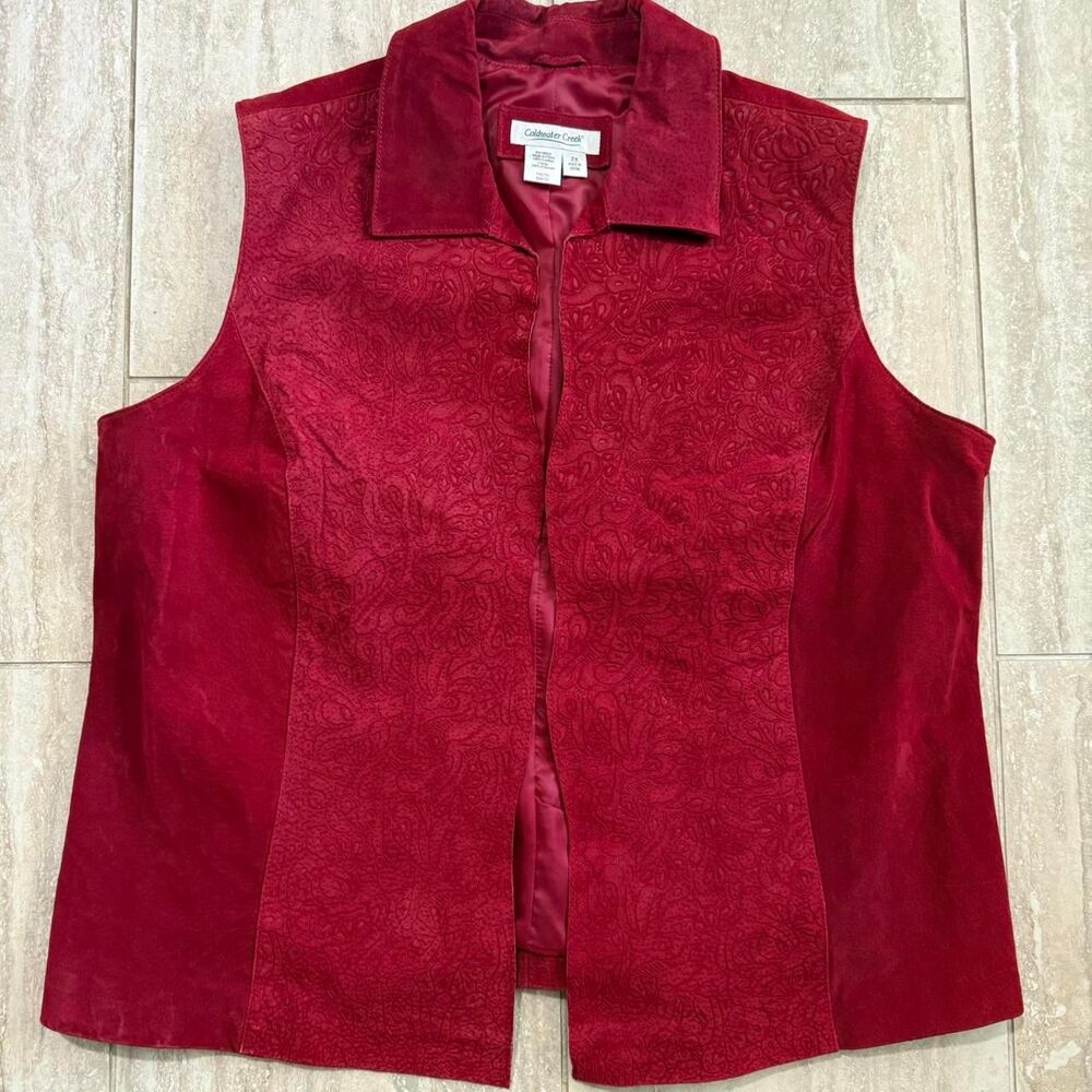 Vintage Western Suede Leather Floral Red Embossed textured collared Vest Sz 2X